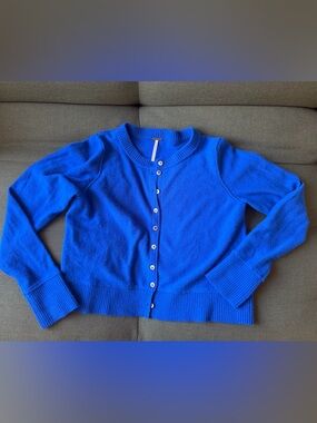 Free People Electric Blue Button-Up Crewneck Cardigan Cashmere and wool